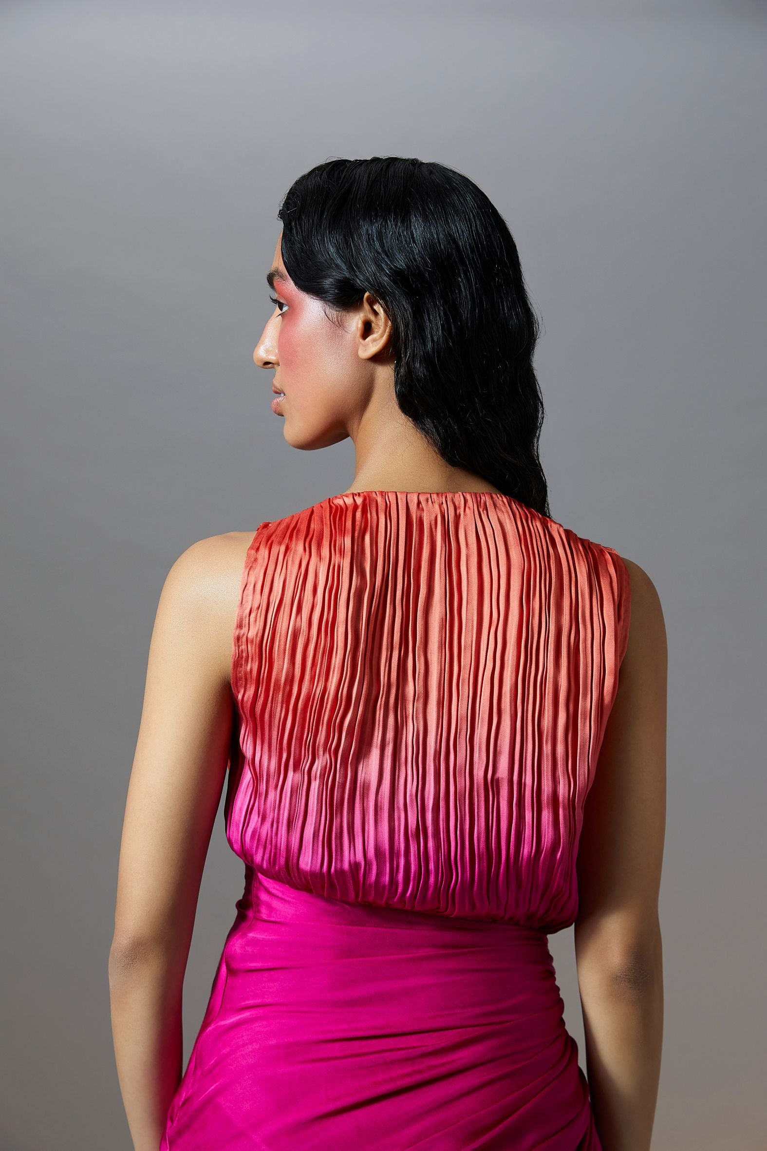 Ombre pink sleeveless ruched dress detailed with drawstrings from Aroka.