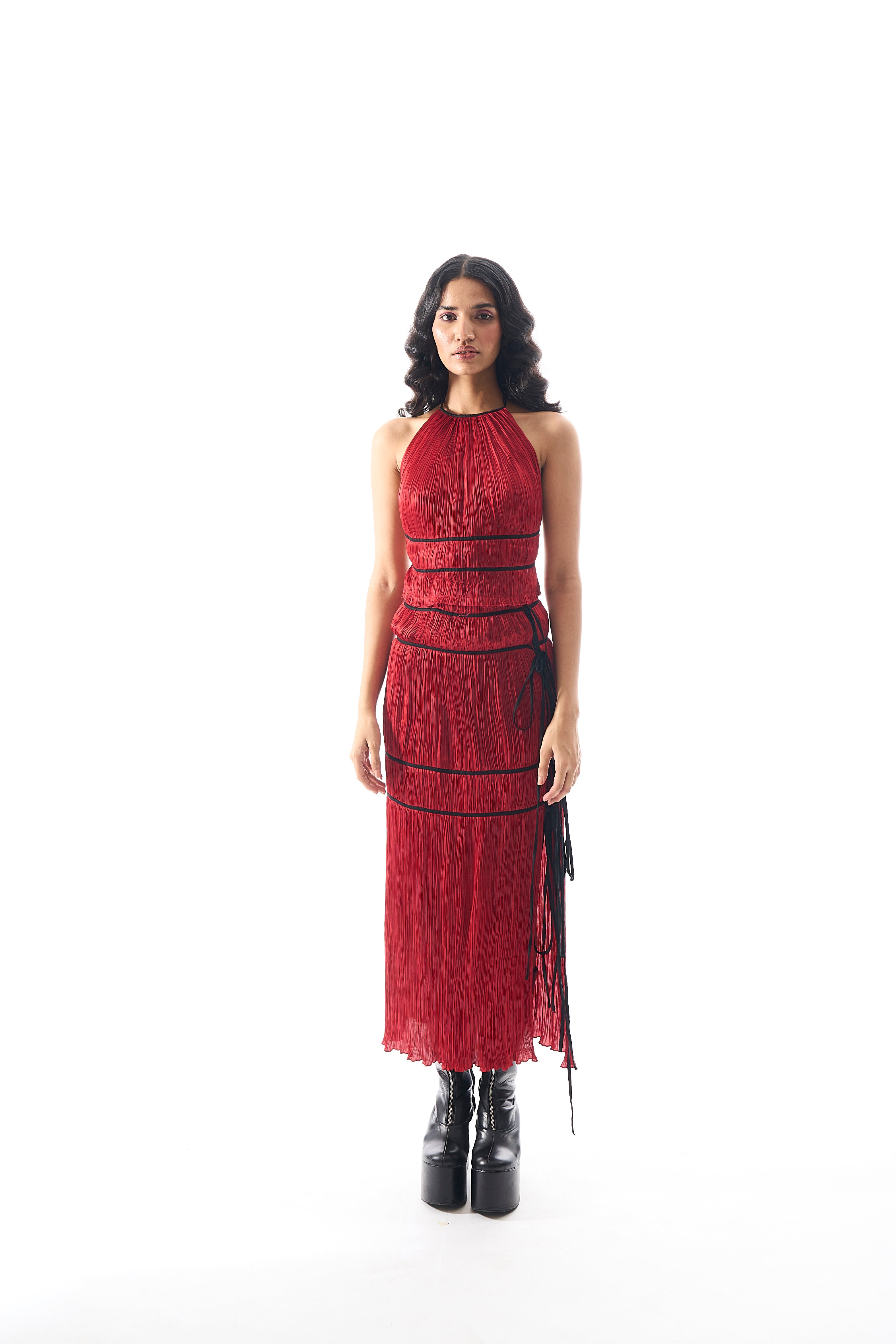Amour Skirt in Ruby- Muslin ruched skirt with front tie-ups from Aroka.