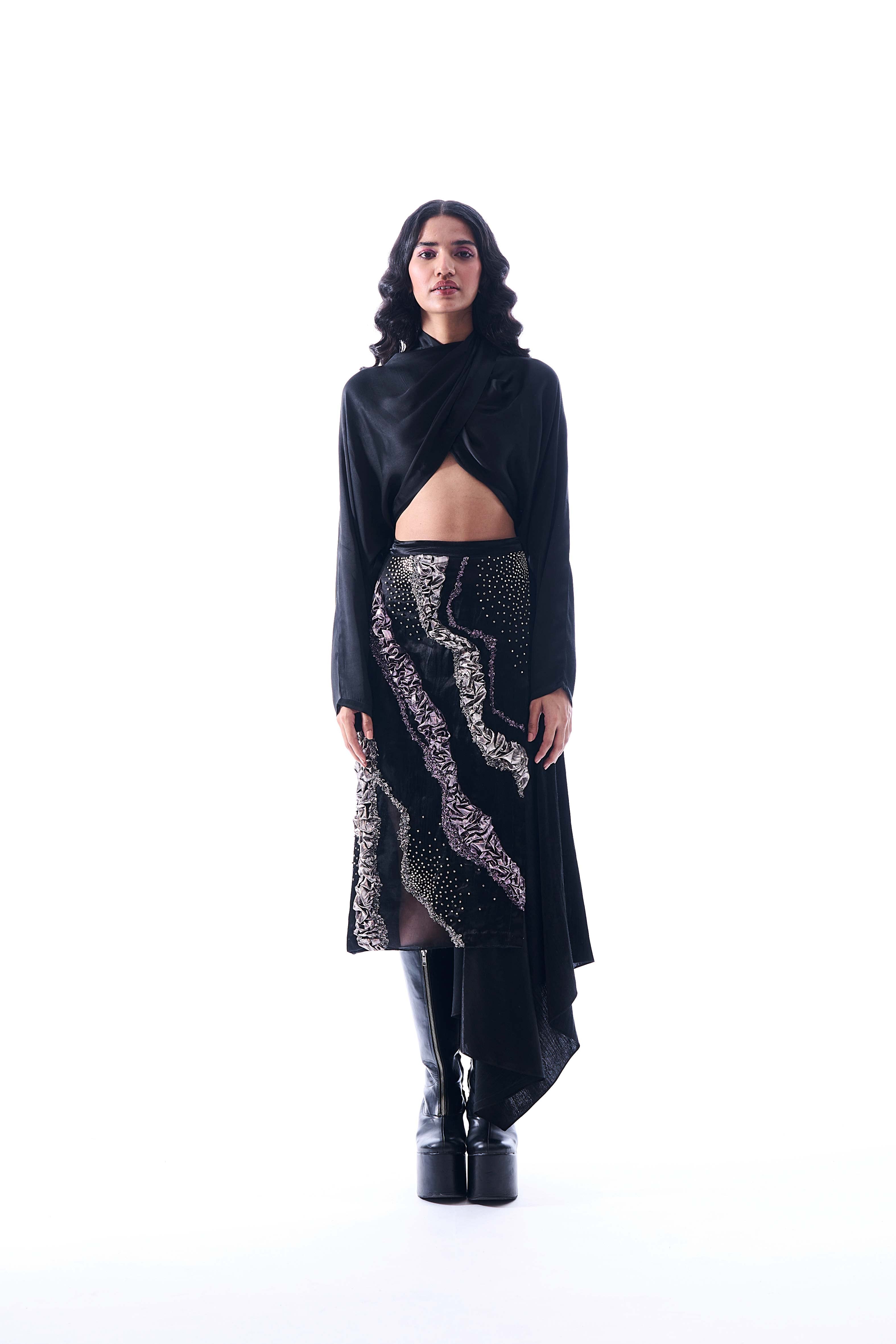 Stargaze Skirt- Aroka Mashru overlap wrap skirt in black with Gota embroidery details.