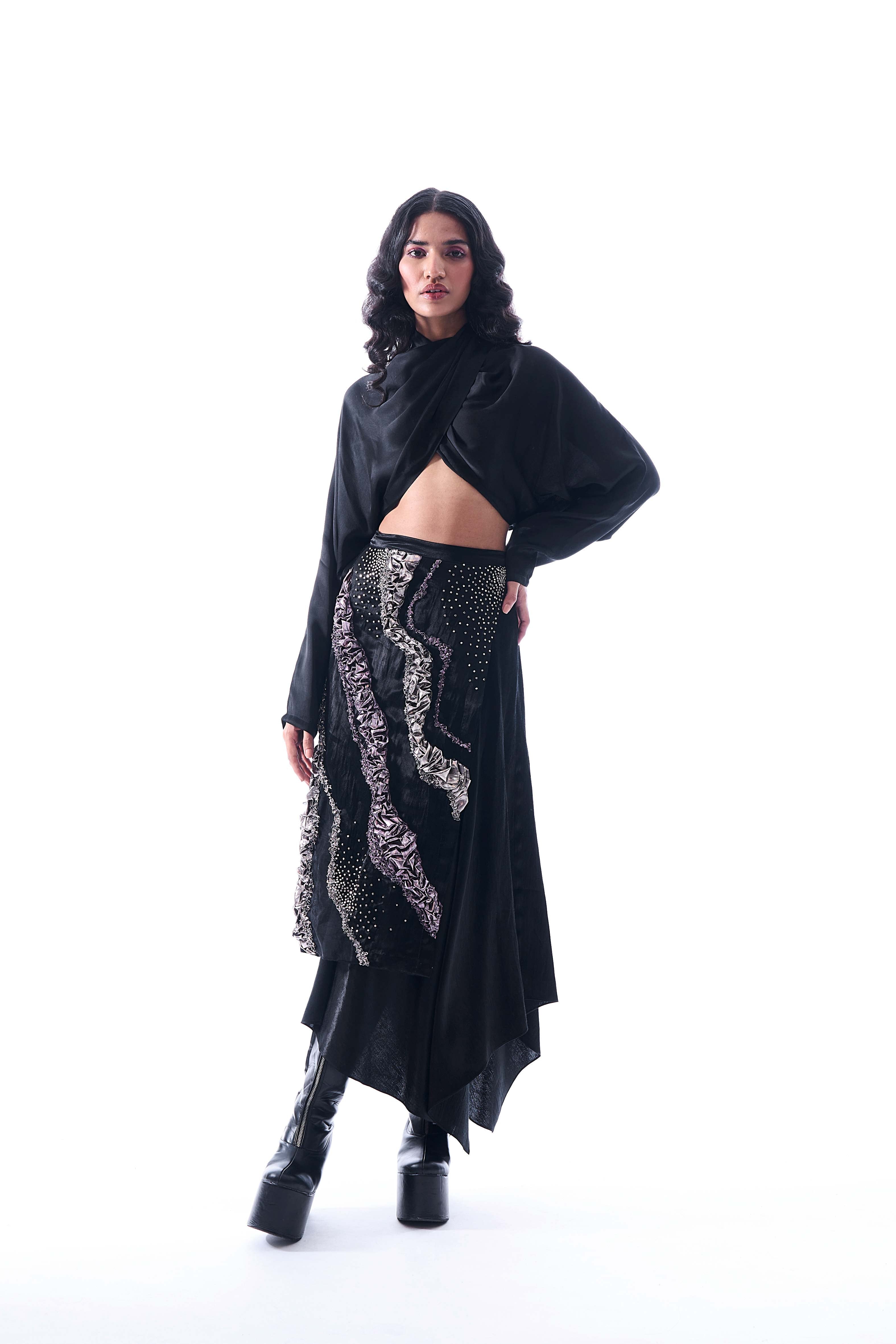 Aroka Mashru overlap wrap skirt in black with Gota embroidery details.