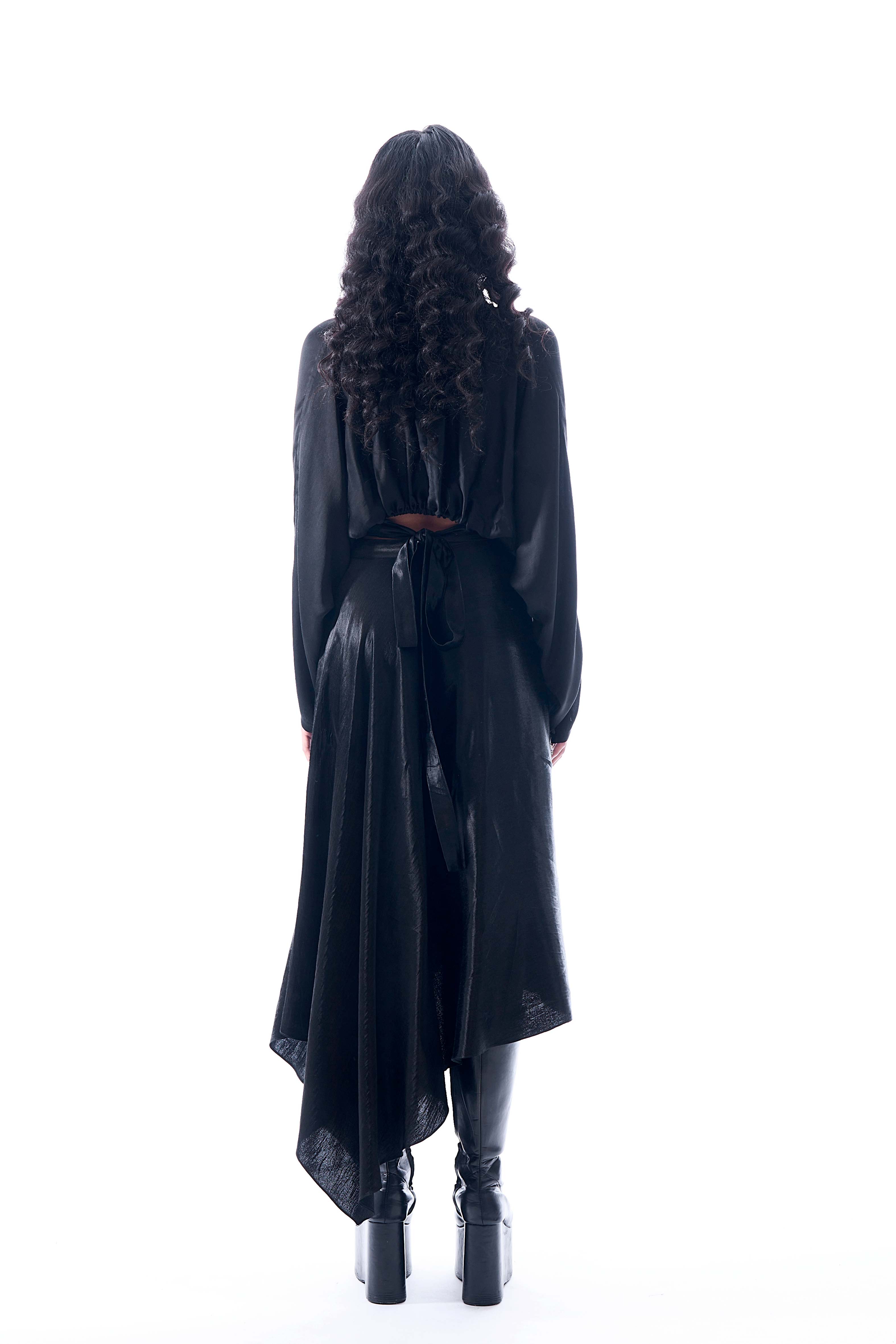 Aroka Mashru overlap wrap skirt in black with Gota embroidery details.