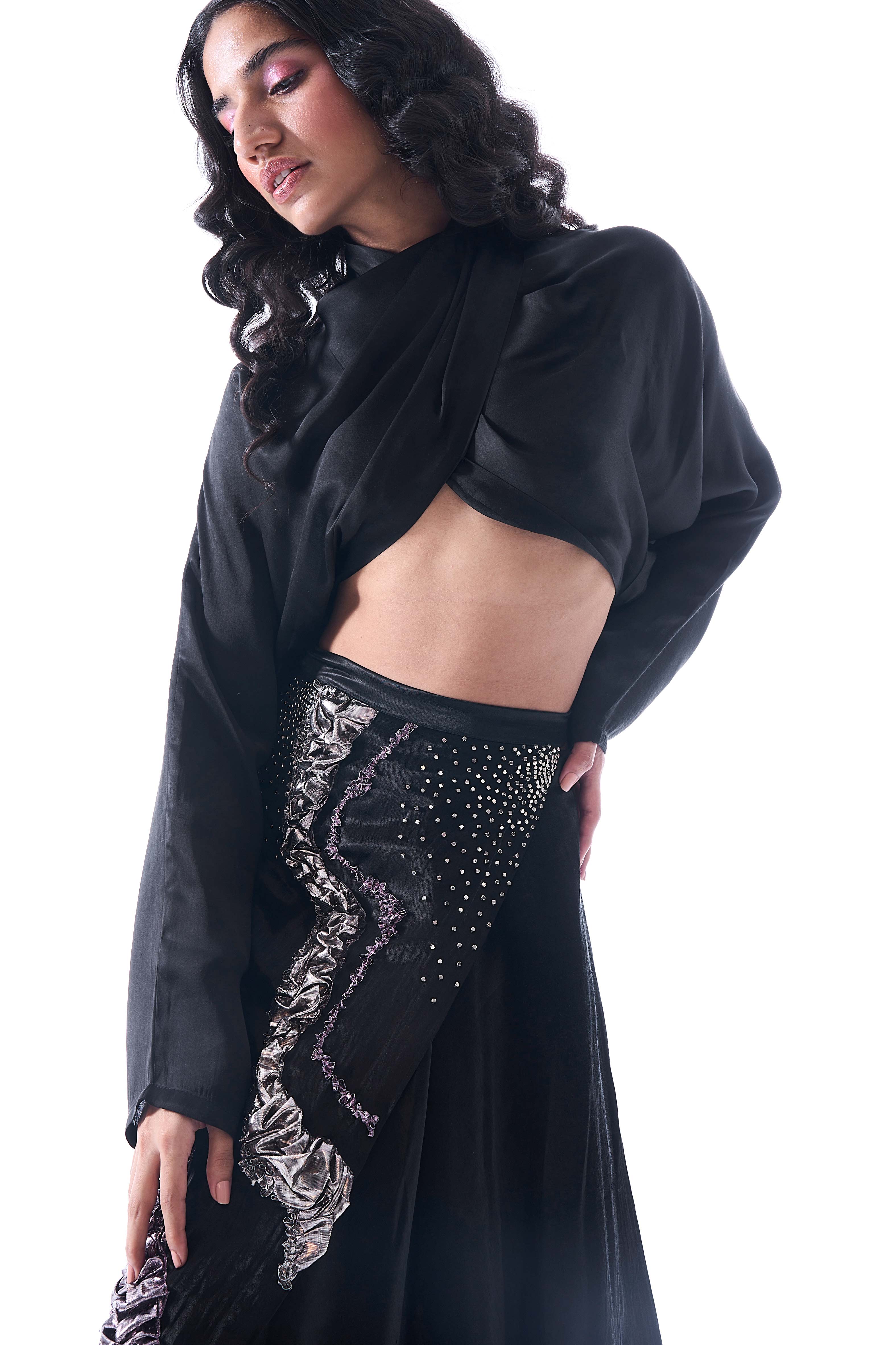 Aroka Mashru overlap wrap skirt in black with Gota embroidery details.