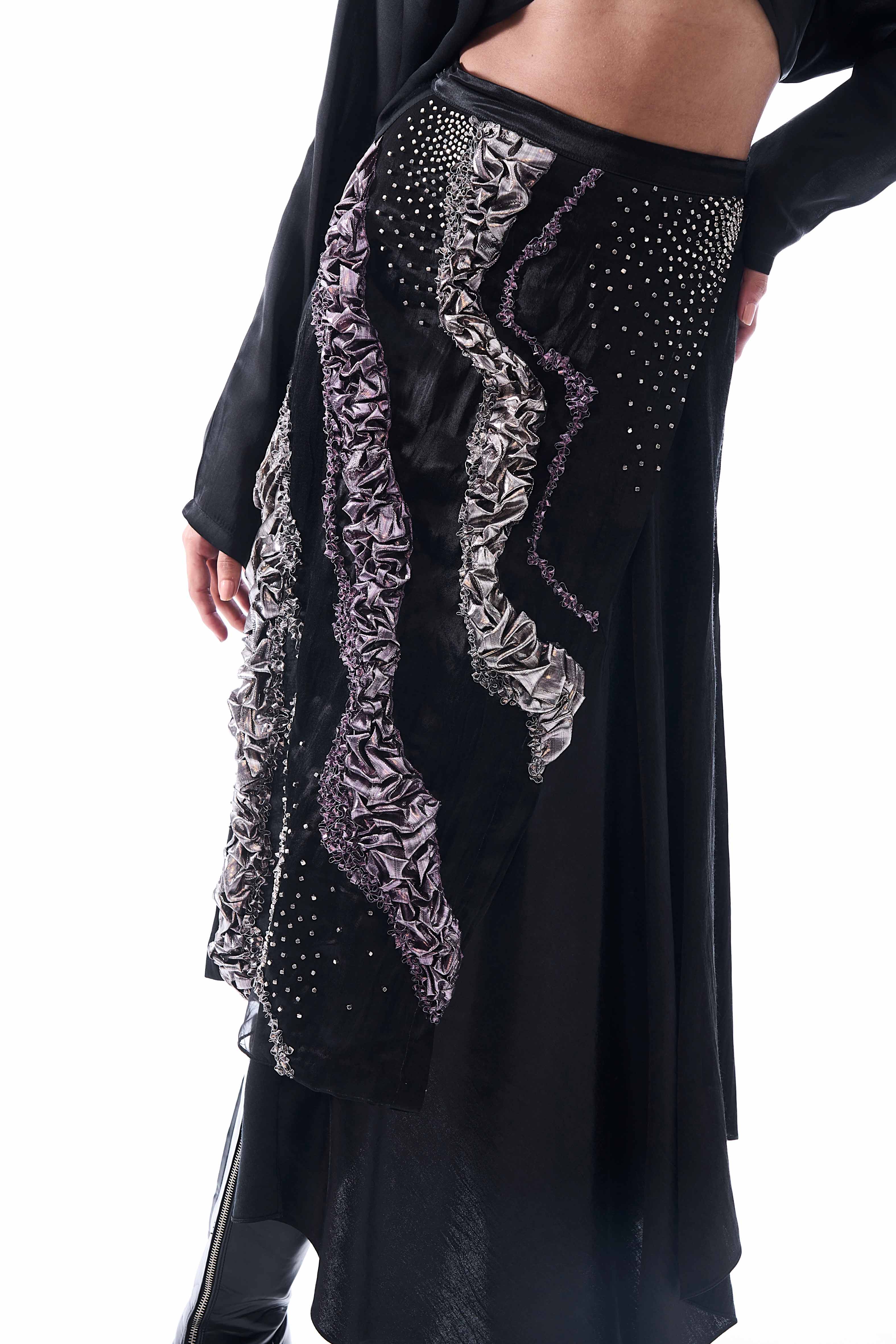 Aroka Mashru overlap wrap skirt in black with Gota embroidery details.