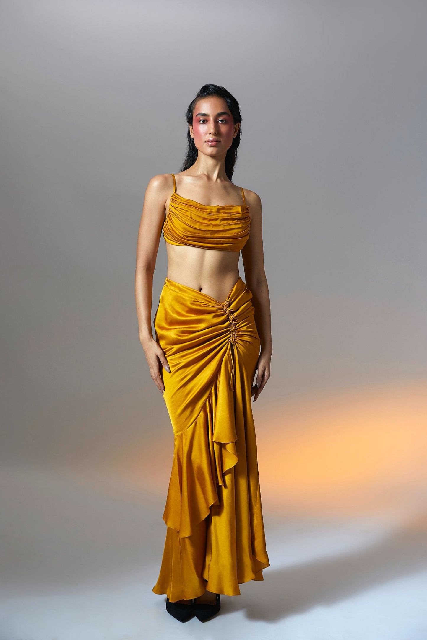 Marigold Muse Skirt- Yellow Skirt with ruffled hem and drawstring details at front by Aroka.