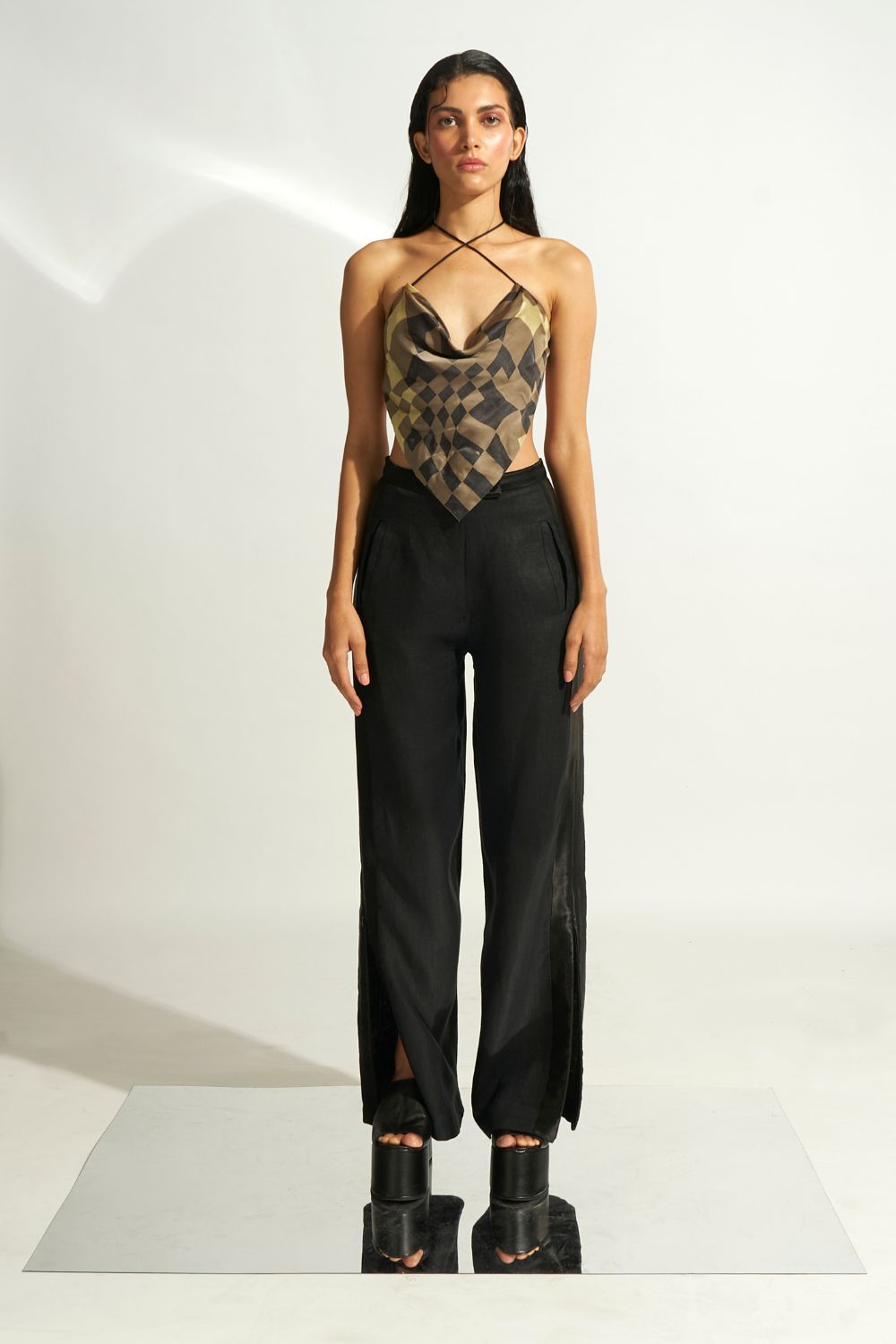 Enigma Pants- Black pants from Aroka featuring mashru side panels and a zipper that opens as a slit.