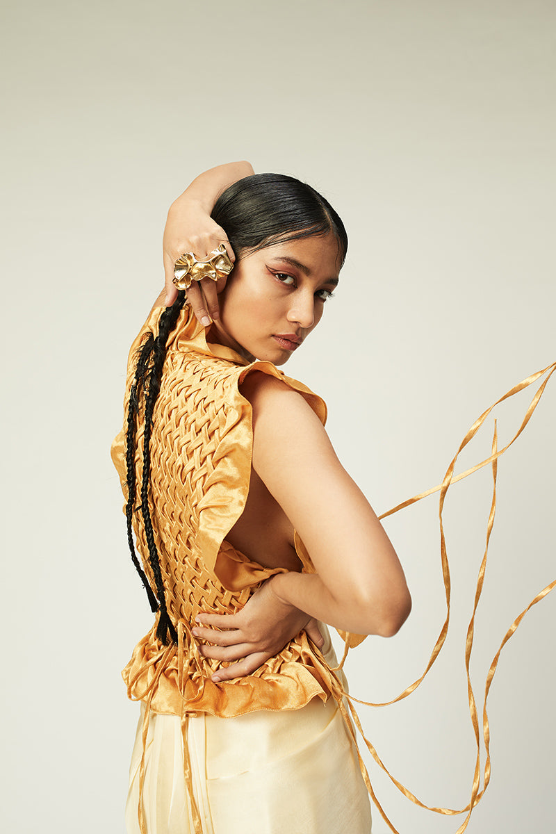 Mashru Honey Yellow Top, contemporary blouse from Aroka.