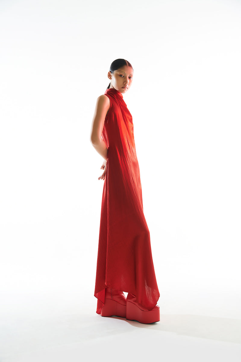Party Wear Cowl Dress in Red from Aroka