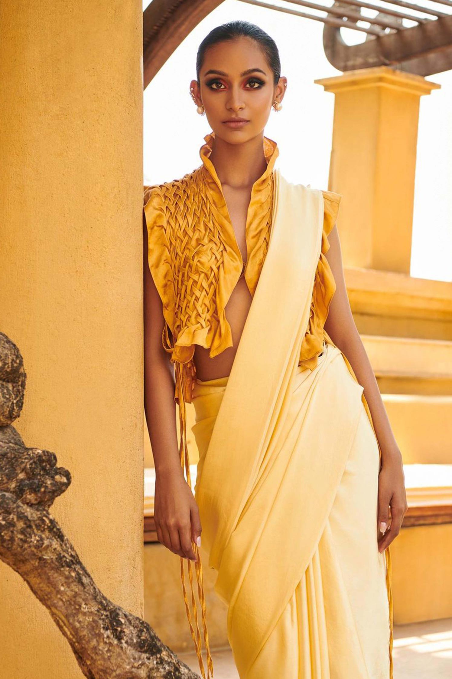 Phoenix Mashru Bib- Mashru Honey Yellow Top, contemporary blouse from Aroka.