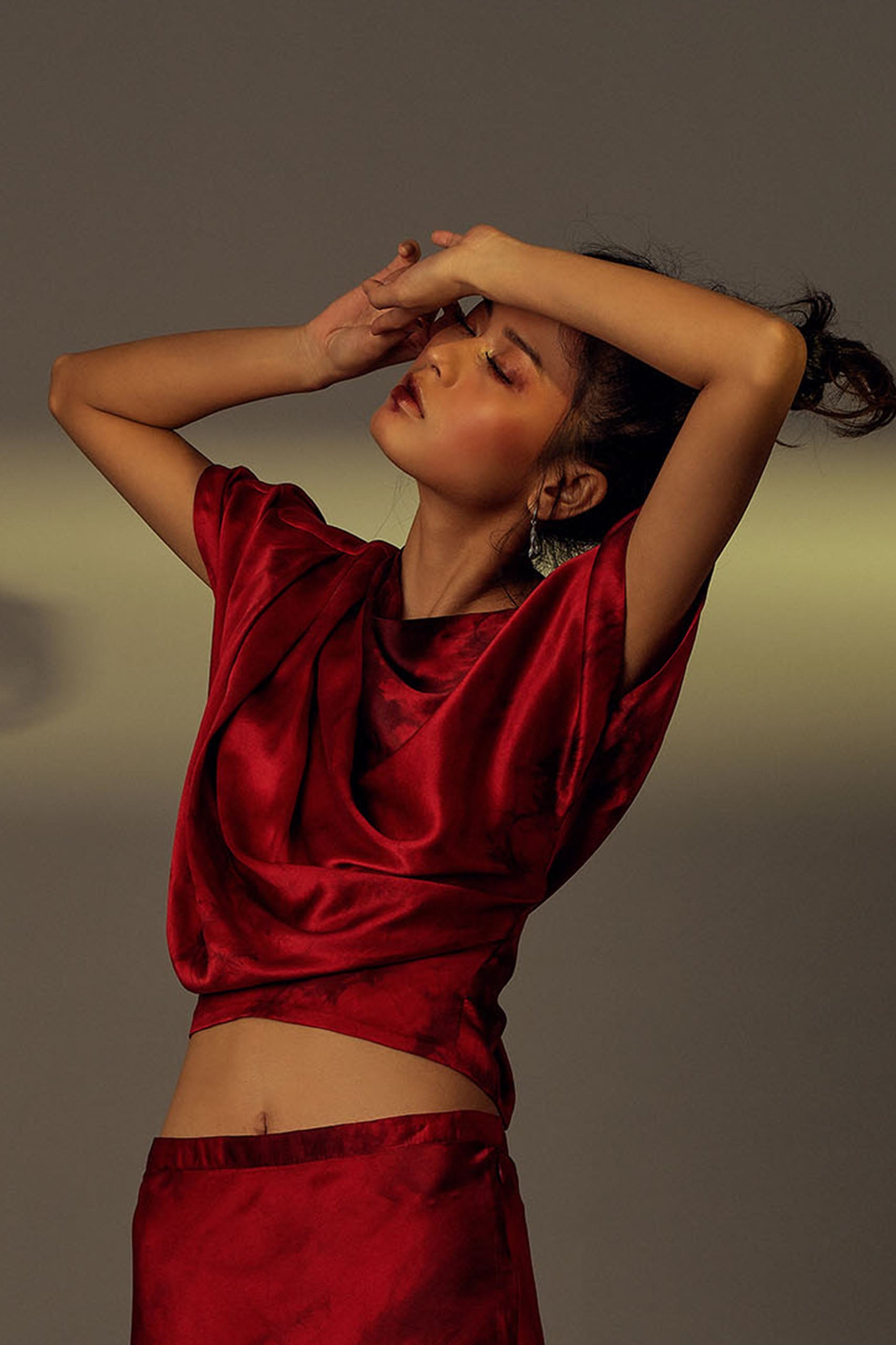 Celeste Red Top- Modal satin crimson sheen a with black tie-dye patterns from Aroka.