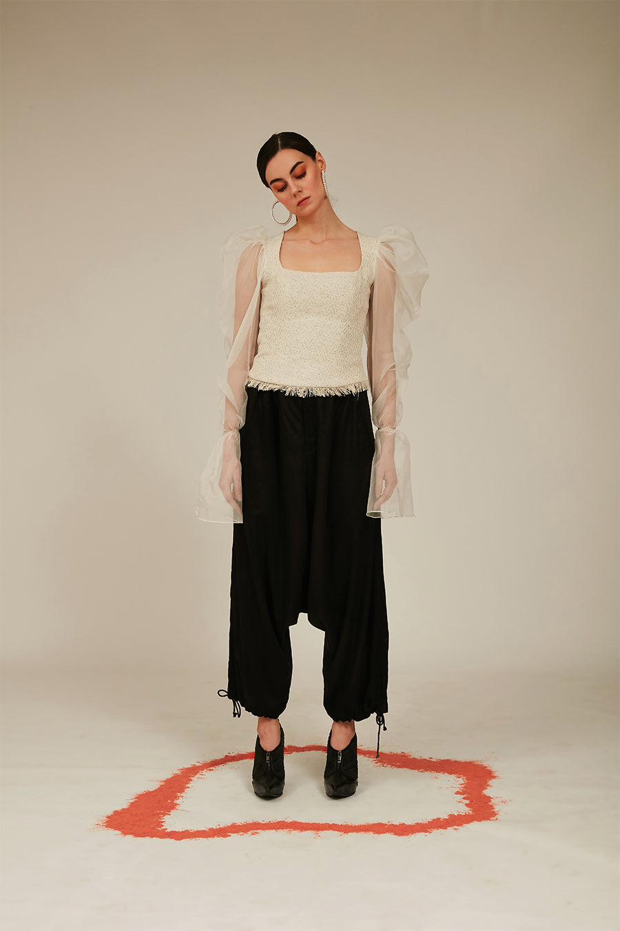 tweed top with frayed hem organza puff sleeves