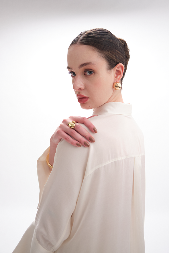 White Kimono Shirt, crafted from lightweight modal satin in off-white from Aroka.