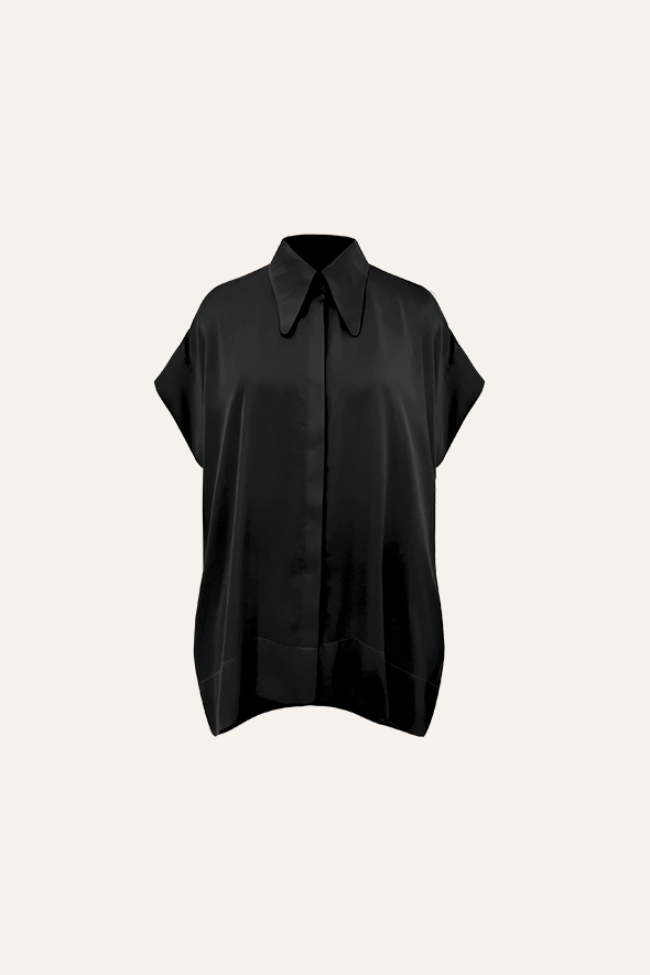 Short sleeve Modal Satin Kimono Shirt in Black from Aroka.
