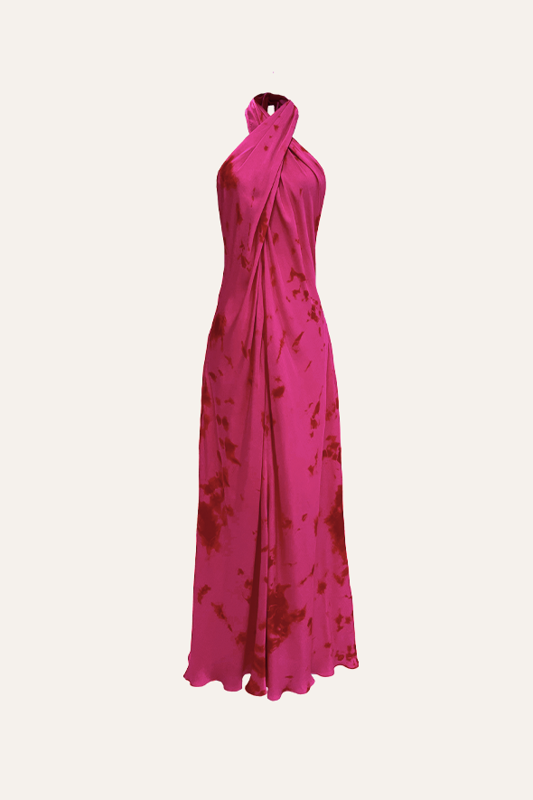 Halter Neck Dress in Pink and Red Tie-dye for date night from Aroka.