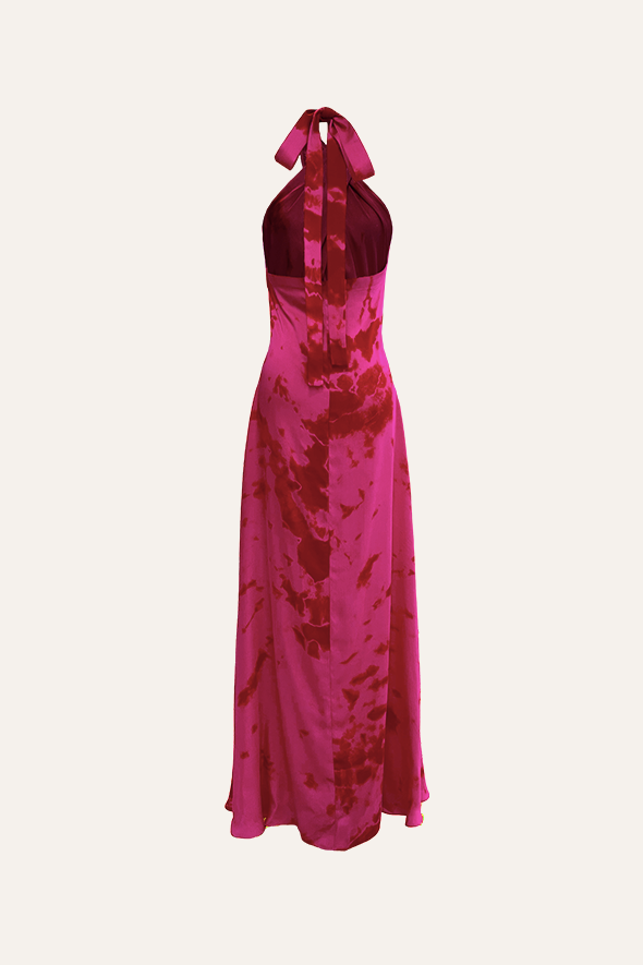 Halter Neck Dress in Pink and Red Tie-dye for date night from Aroka.