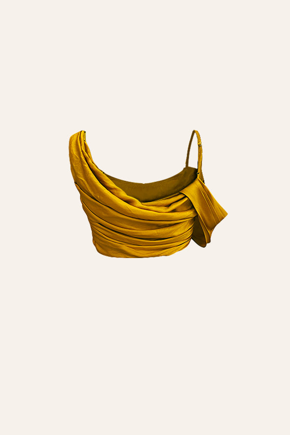 Mustard Crop Top- detachable draped sleeve and cowl neckline with the Mustard Sarong-  multiway draped skirt from Aroka.