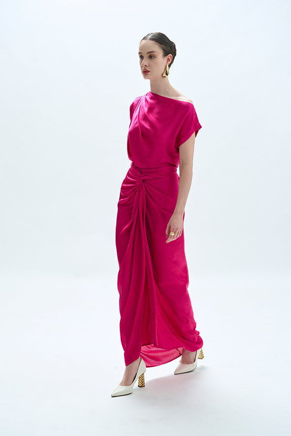 Off-shoulder cowl drape with draped skirt and sarong in pink from Aroka.