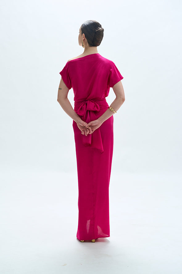 Off-shoulder cowl drape with draped skirt and sarong in pink from Aroka.
