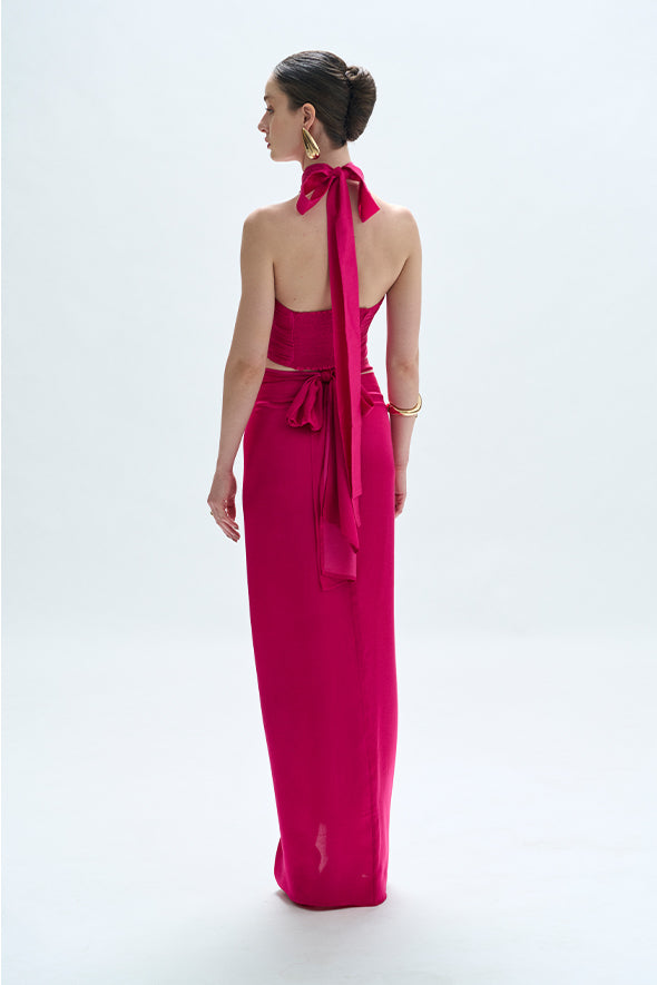 Handmade with modal satin fabric halter neck drape top with draped skirt and sarong in pink from Aroka.