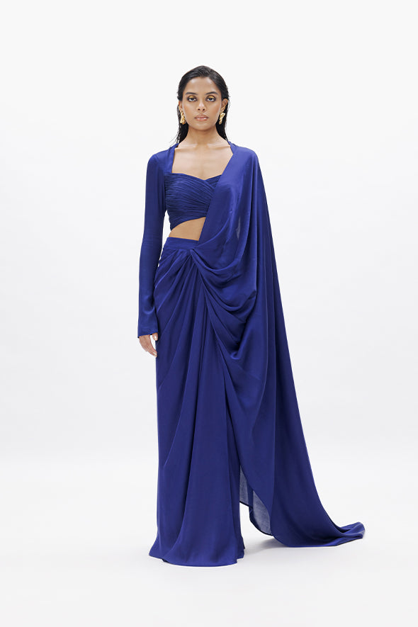 Modest ruched crop top made from luxurious modal satin with modal satin pre-draped saree for special occasions from Aroka.