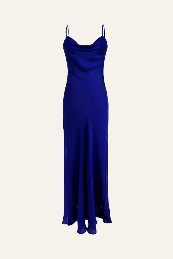 Cocktail Party Dress, Cowl Neck Floor Length Modal Satin Slip Dress in Blue from Aroka