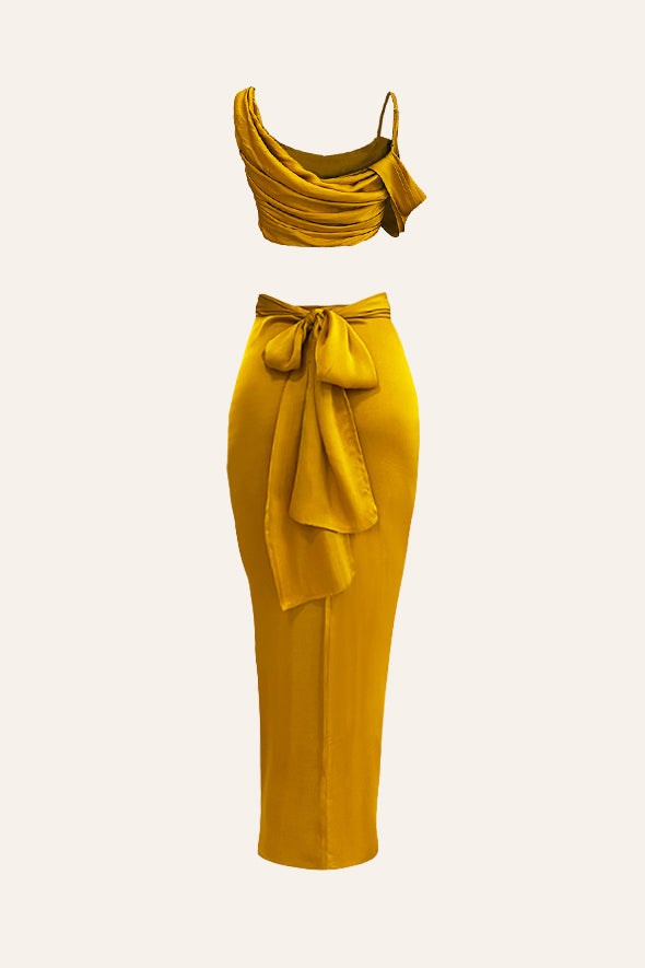 Mustard Crop Top- detachable draped sleeve and cowl neckline with the Mustard Sarong-  multiway draped skirt from Aroka.