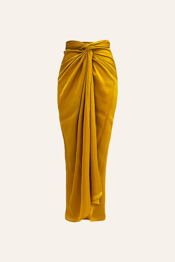 Mustard Crop Top- detachable draped sleeve and cowl neckline with the Mustard Sarong-  multiway draped skirt from Aroka.