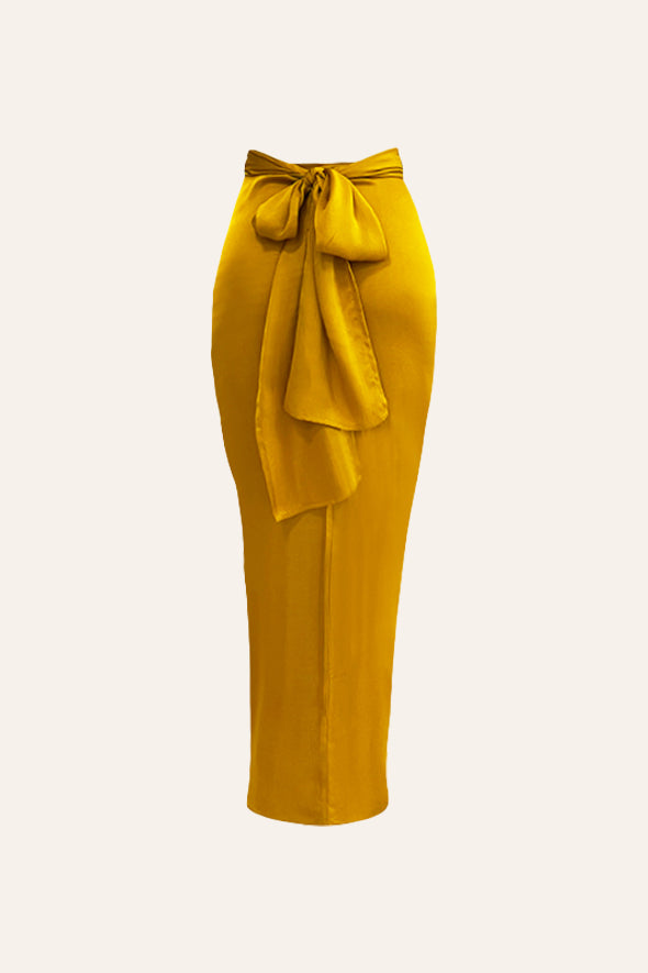 Mustard Crop Top- detachable draped sleeve and cowl neckline with the Mustard Sarong-  multiway draped skirt from Aroka.