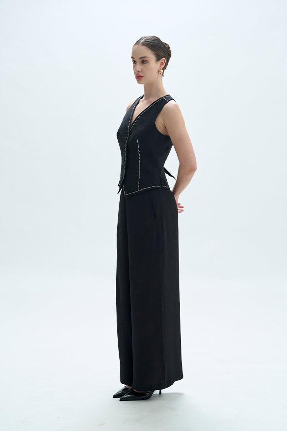 Black Linen Waistcoat with Moroccan crepe, straight fit with welt pockets Pants from Aroka.