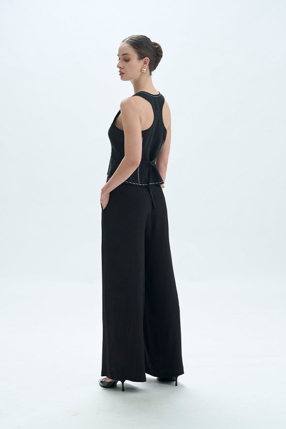 Black Linen Waistcoat with Moroccan crepe, straight fit with welt pockets Pants from Aroka.