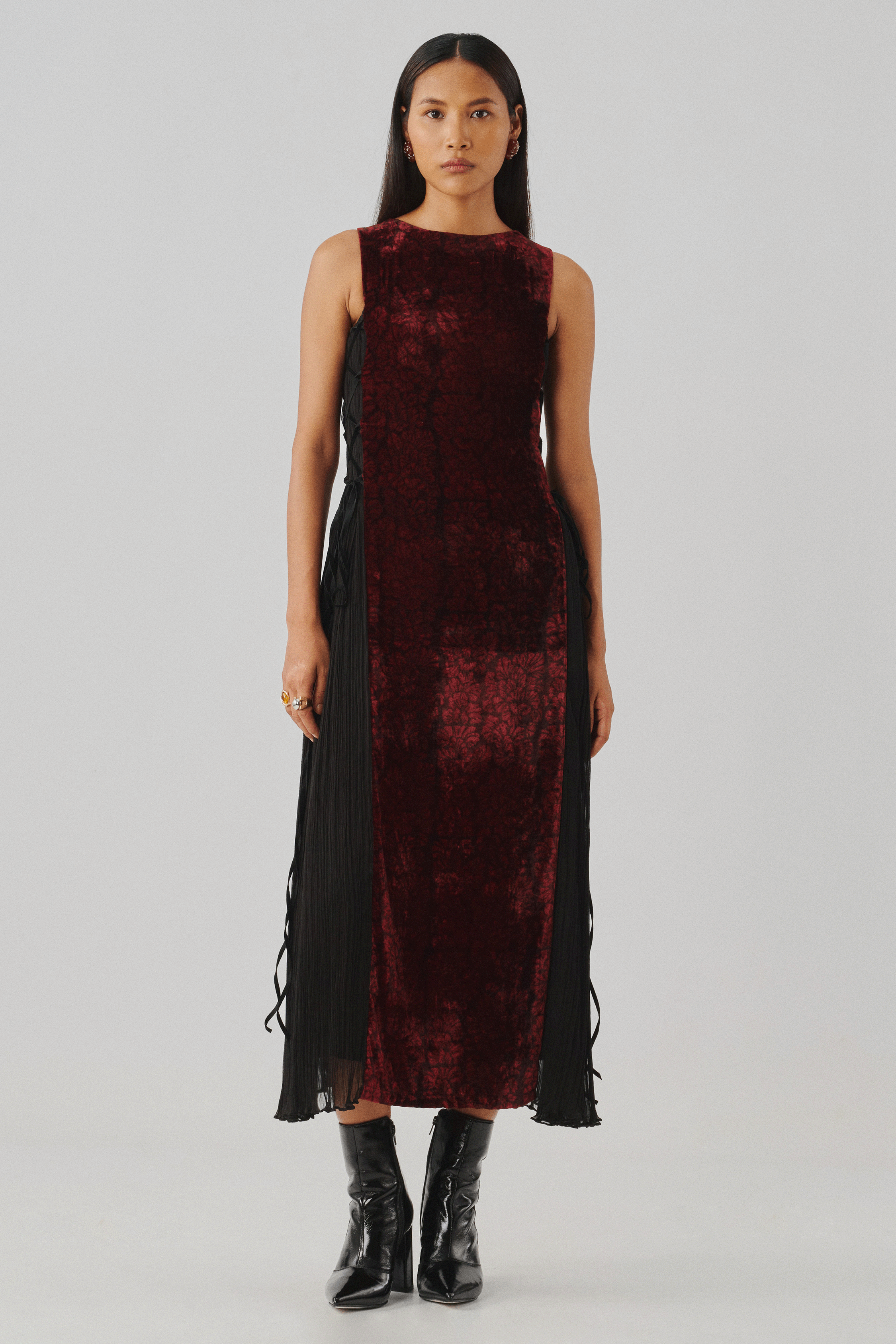 Burgundy velvet dress with fringe detailing, full-length front view