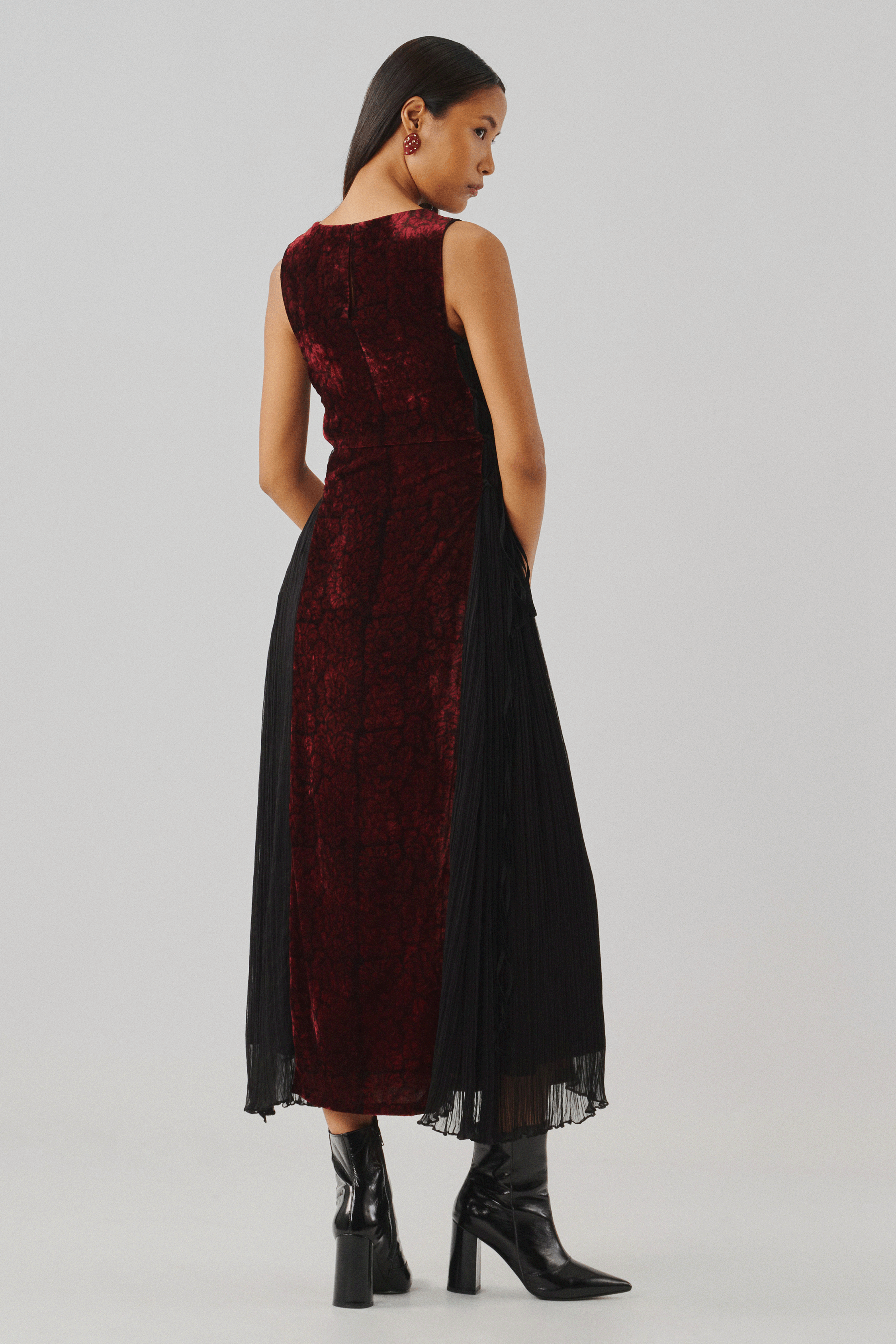 Burgundy velvet dress with a sheer side panel, front full view
