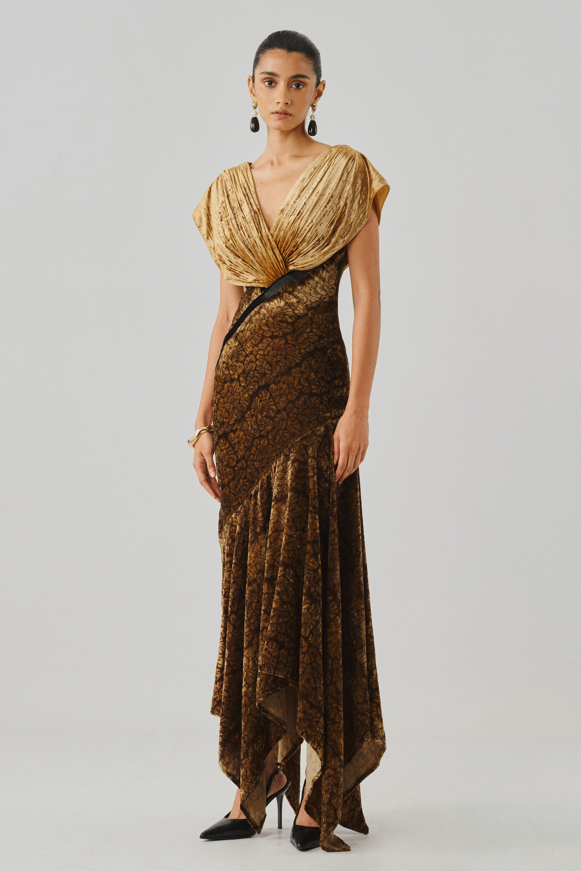 Bronze printed wrap gown with a draped sleeve, front full view