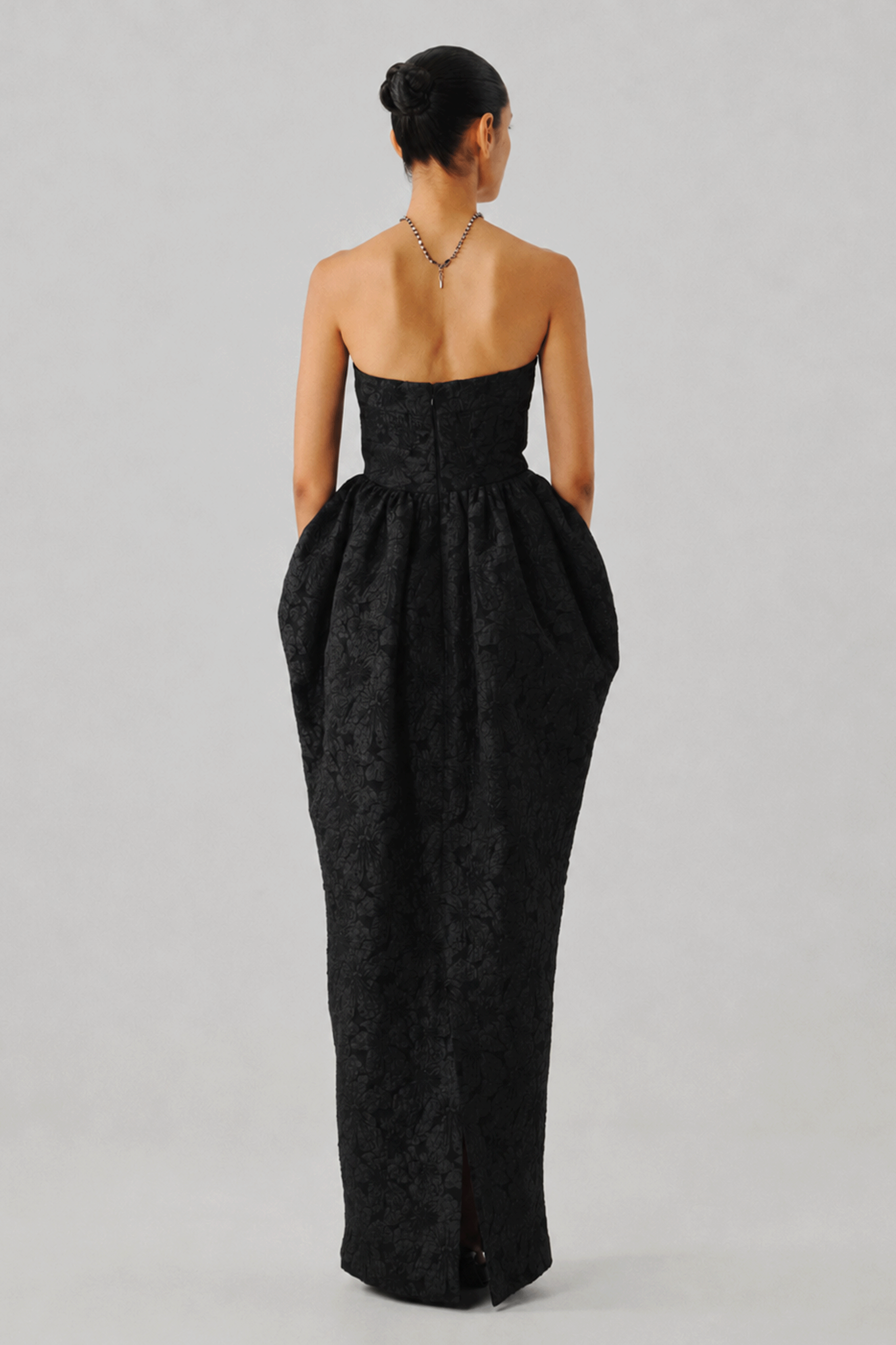 Black floral lace fitted column gown, full-length front view