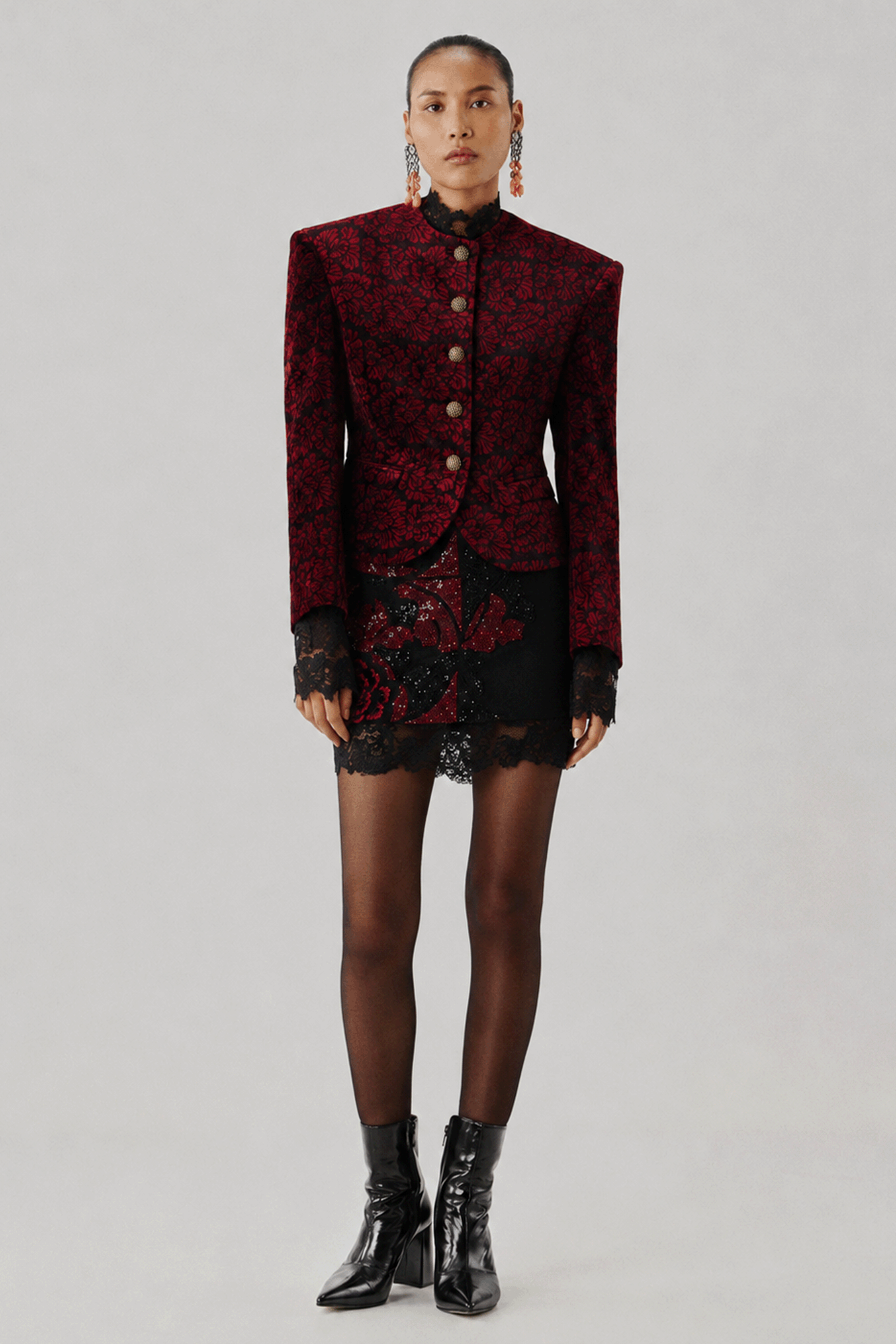 Burgundy floral jacquard jacket with statement buttons, front view