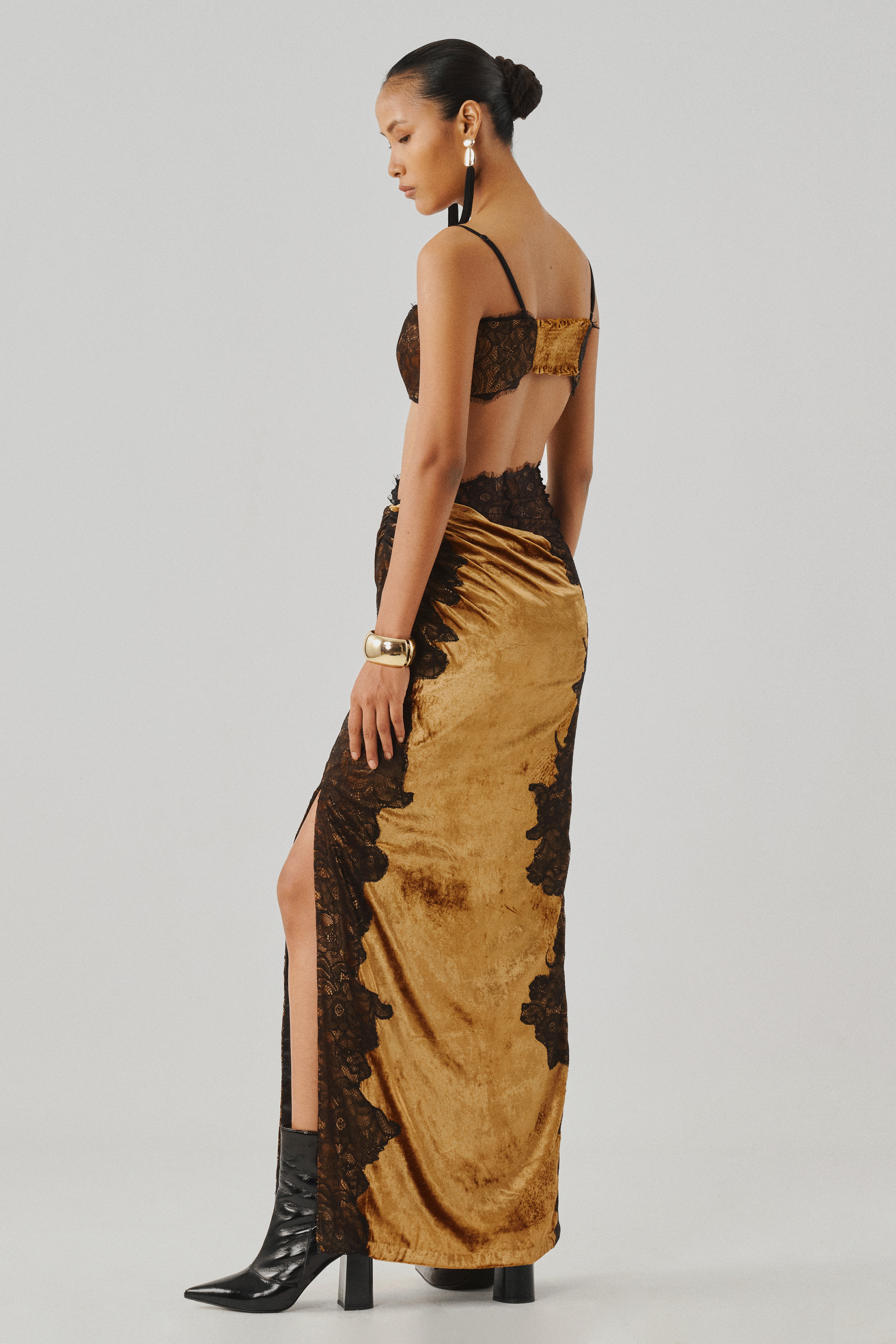 Bronze printed wrap gown with a thigh-high slit, front full view