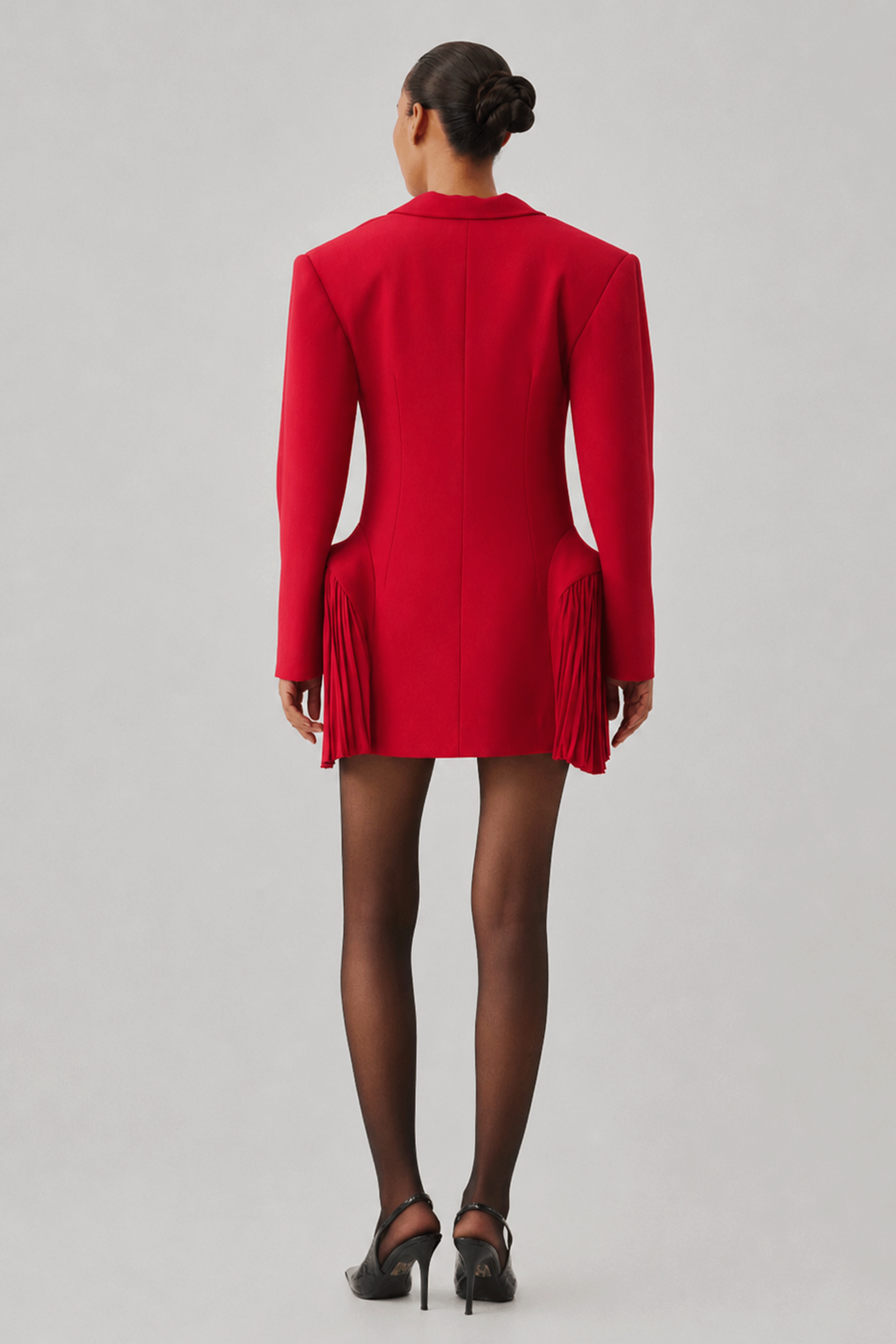 Red mini dress with pleated cuff sleeves, front full-length view