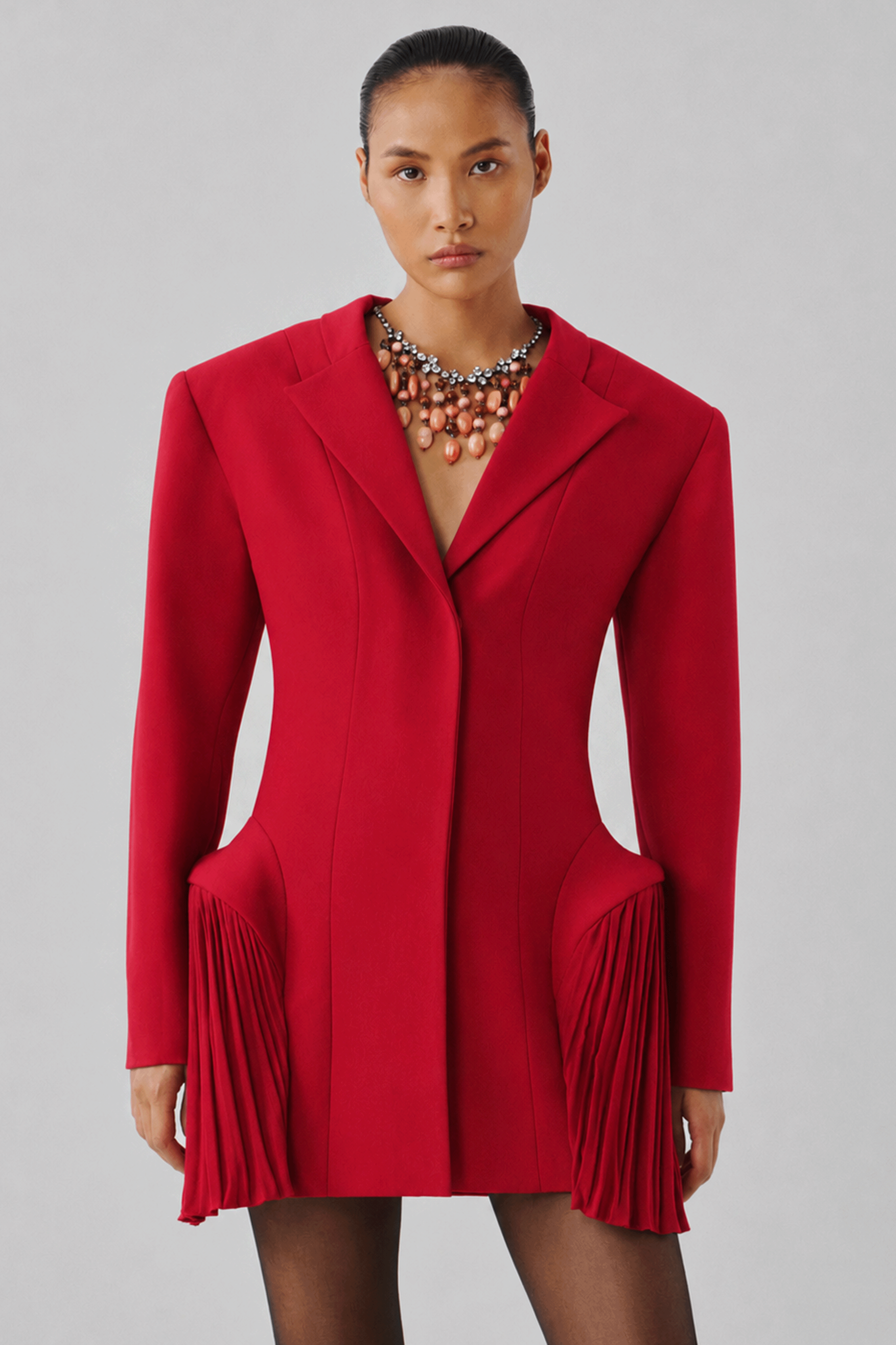 Red tailored blazer dress with structured shoulders, front view