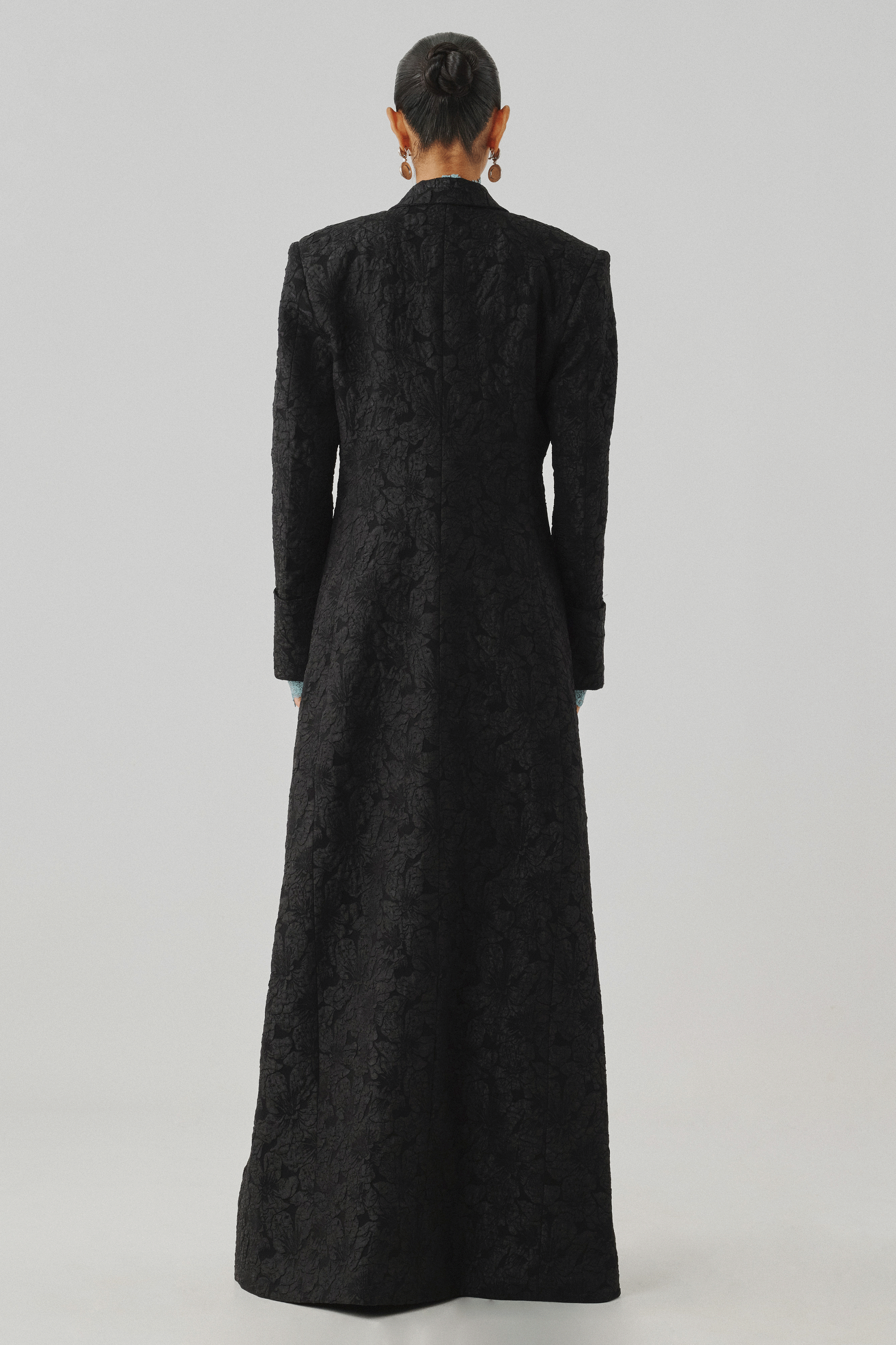 Black embossed jacquard long coat, front full-length close view