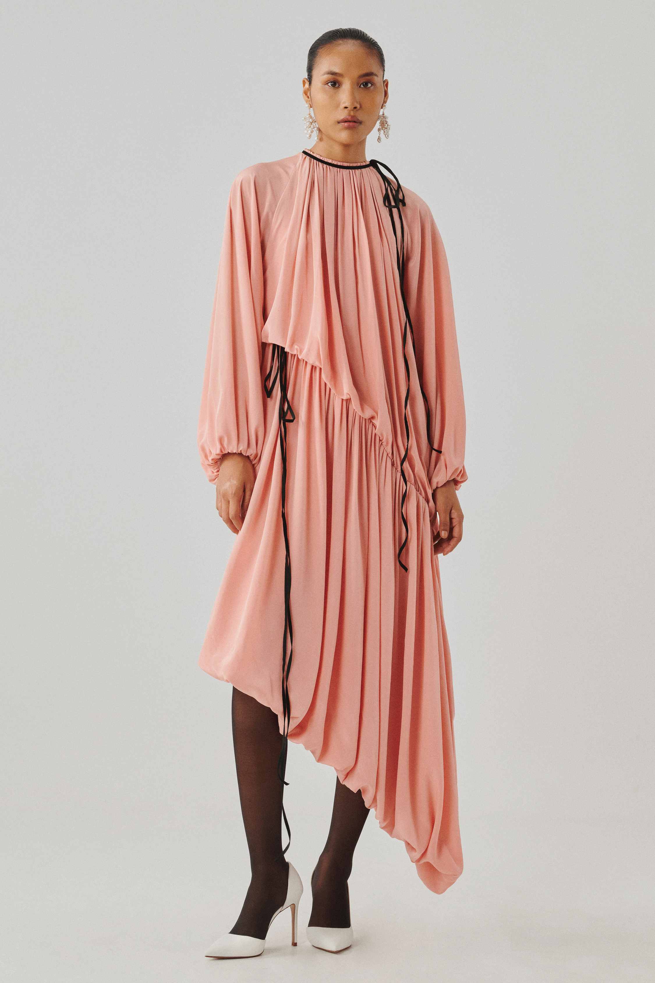 Blush pink asymmetric draped dress, side and rear profile view