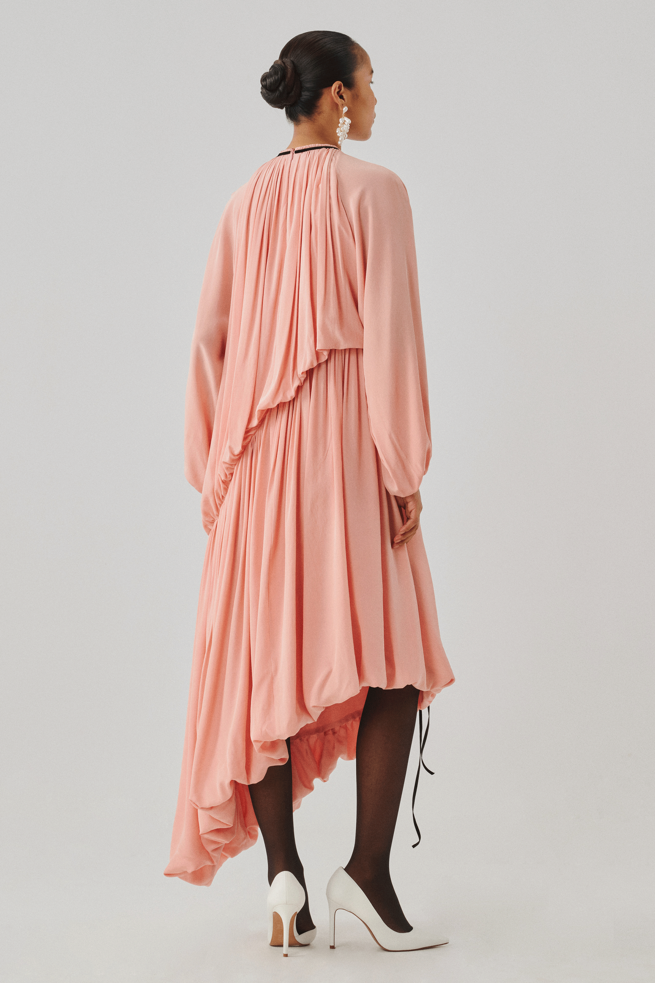 Blush pink asymmetric draped dress, full-length front view