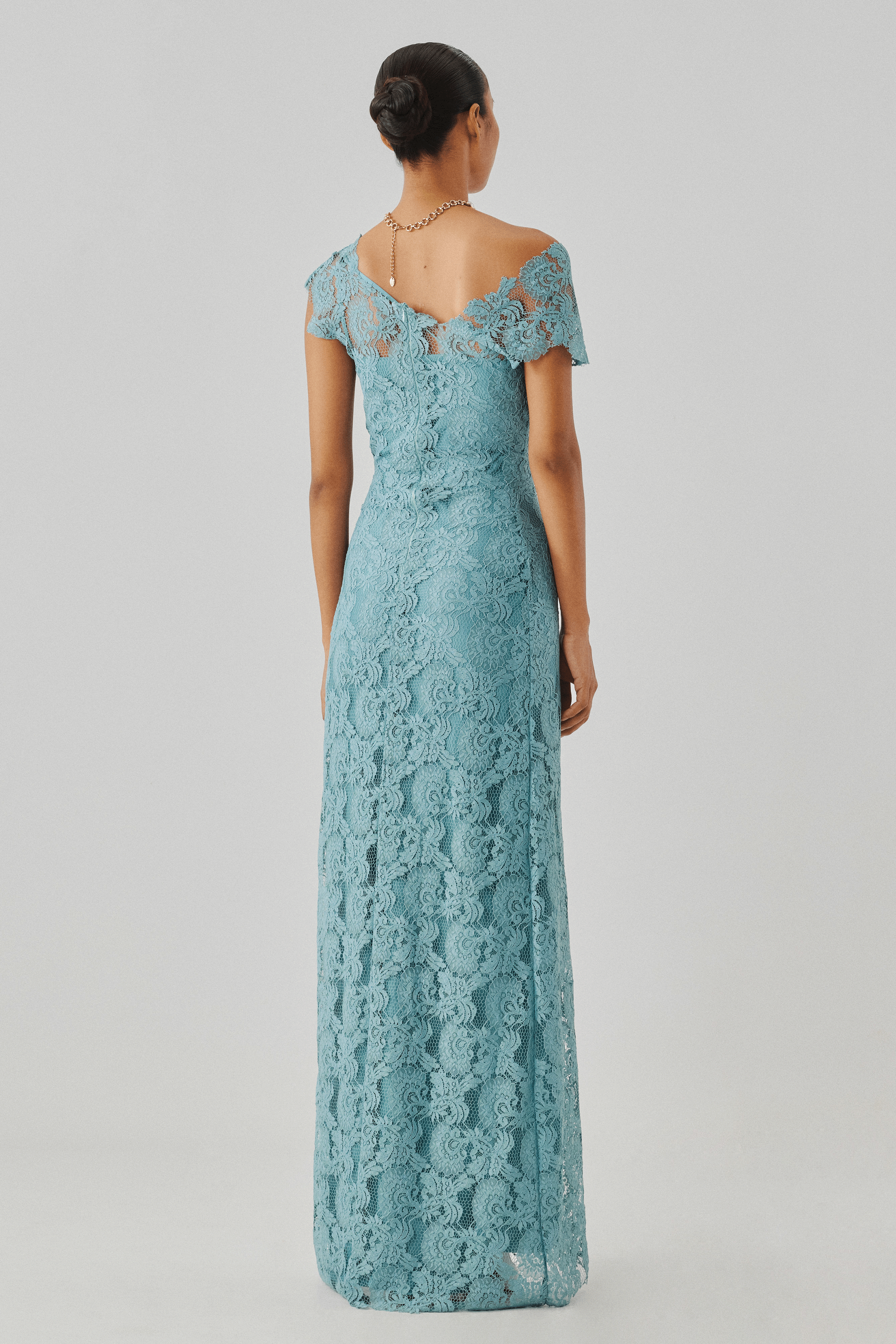 Sky blue lace gown with a fitted bodice, front full-length view