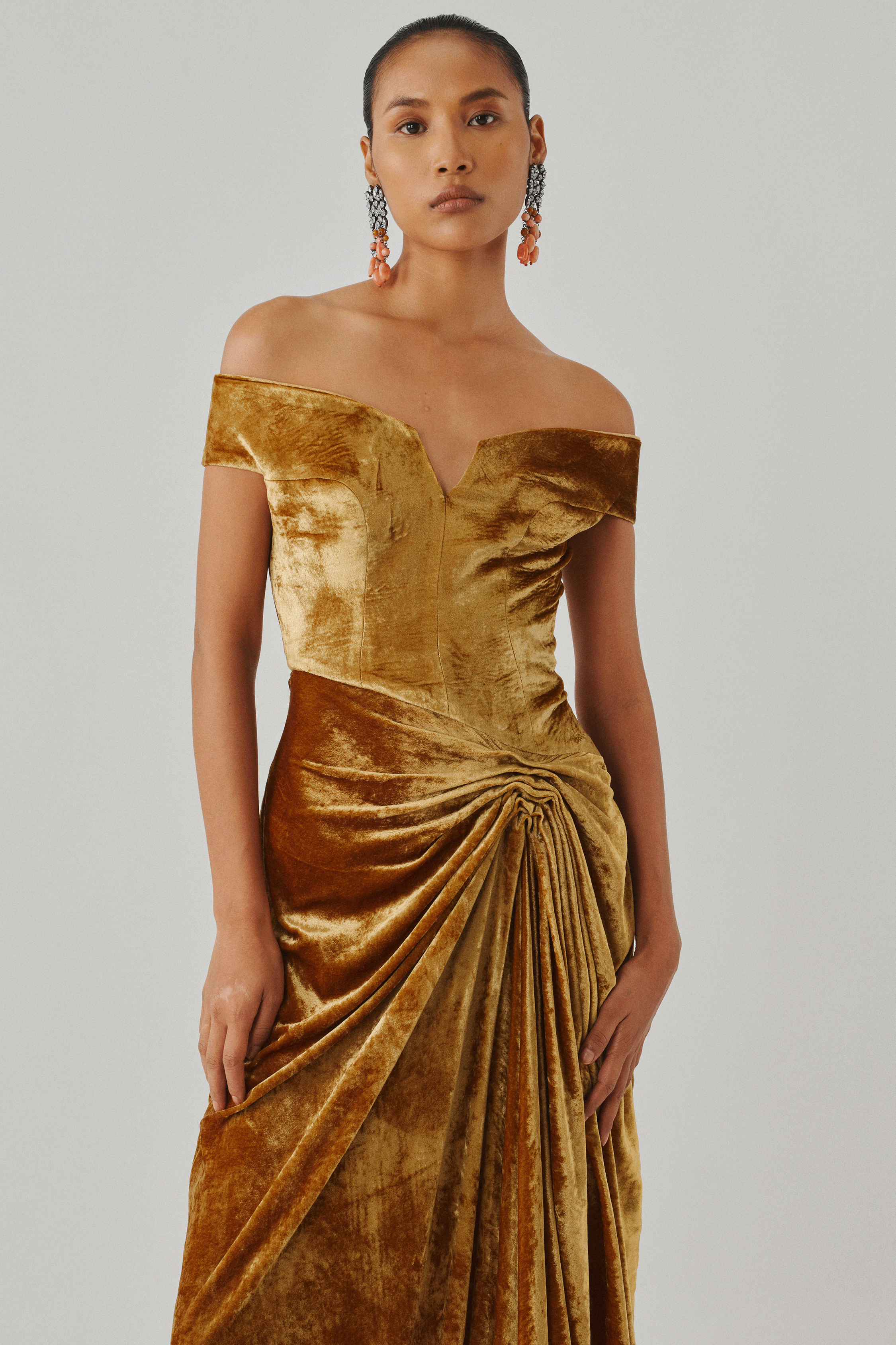 Gold velvet off-shoulder gown with soft draping, front full view