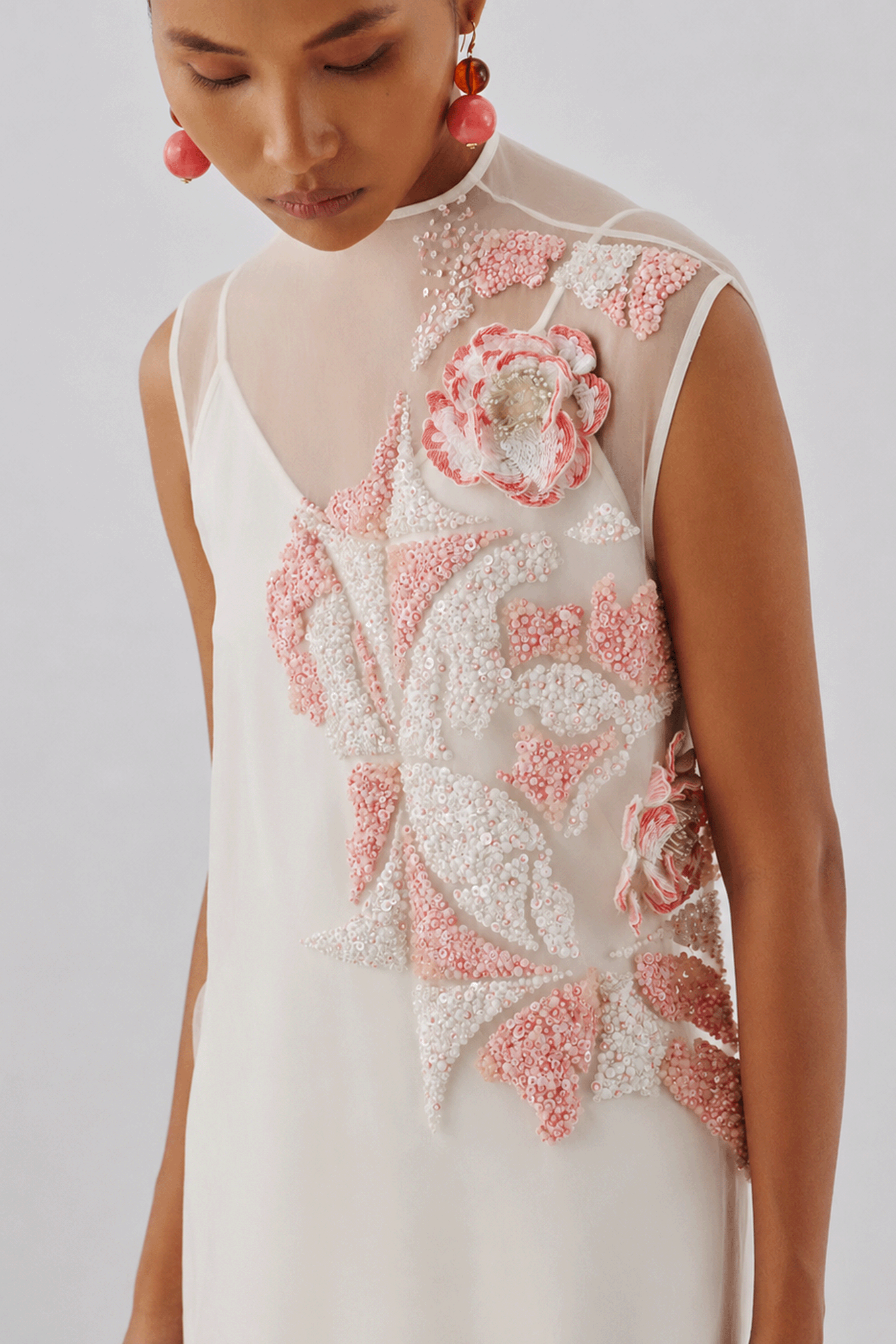 Ivory dress with hand-embellished floral appliqué, front full view