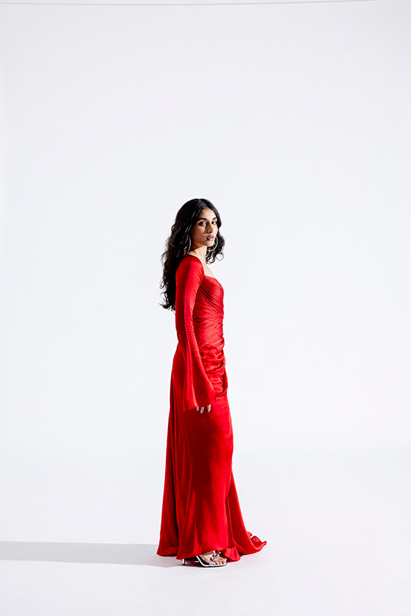 Modal Satin Red ruched drape dress full sleeve from Aroka