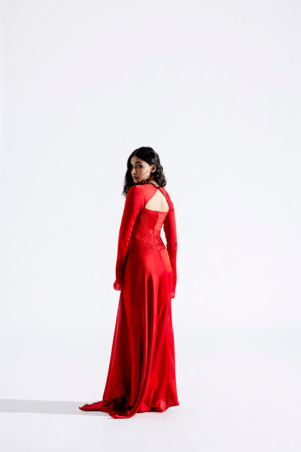 Modal Satin Red ruched drape dress full sleeve from Aroka