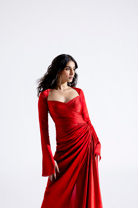 Modal Satin Red ruched dress full sleeve from Aroka