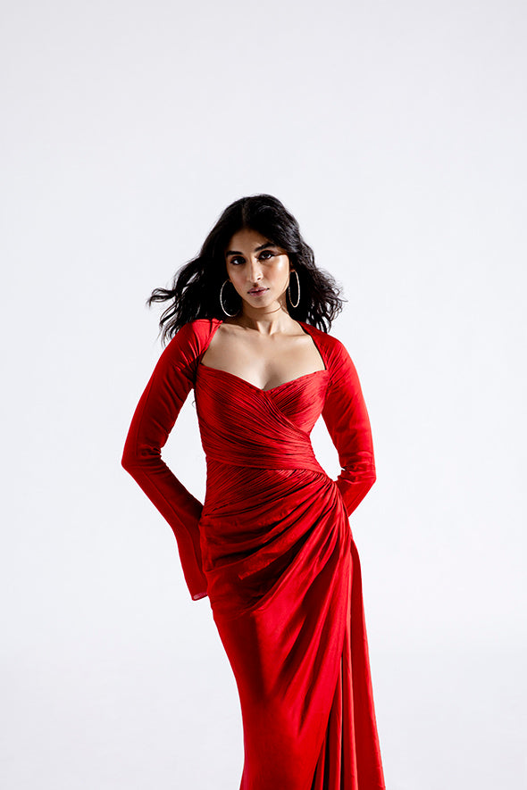 Modal Satin Red ruched drape dress full sleeve from Aroka
