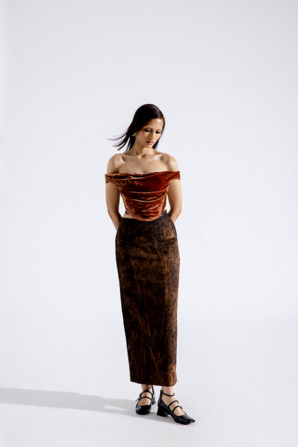 Amber silk velvet draped corset