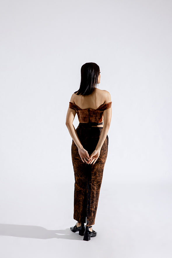 Amber silk velvet draped corset