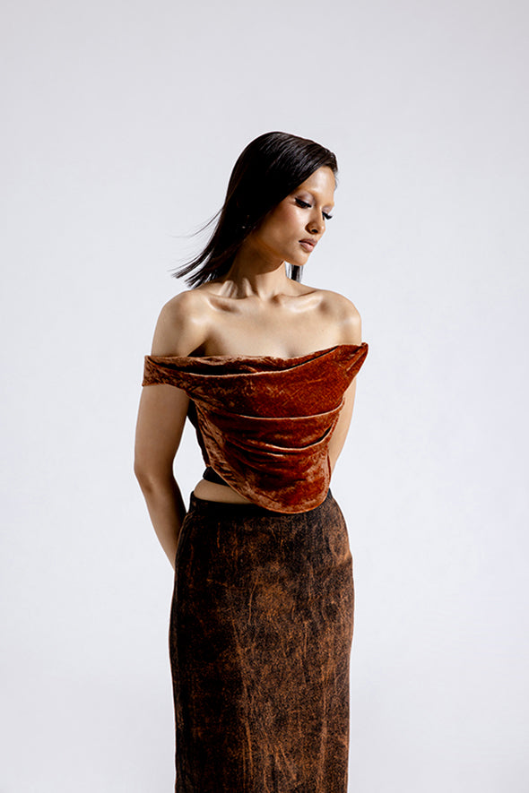 Amber silk velvet draped corset